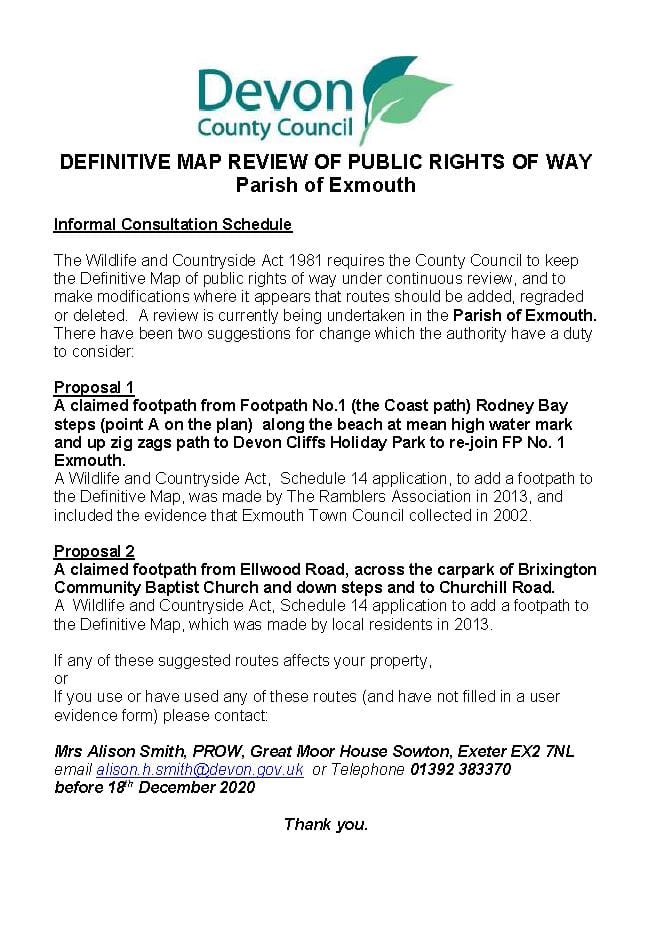 Definitive map review of Public Rights of Way consultation notice for two footpath proposals.
Footpath one proposal from Rodney Bay steps along the beach at mean high water mark and up zig-zags path to Devon Cliffs Holiday Park to re-join footpath number 1.
Footpath 2 proposal from Ellwood Road, across the carpark of Brixington Baptist Church and down steps to Churchill Road.